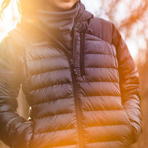 Outdoor Research Women's Helium Down Hoodie in Black lifestyle