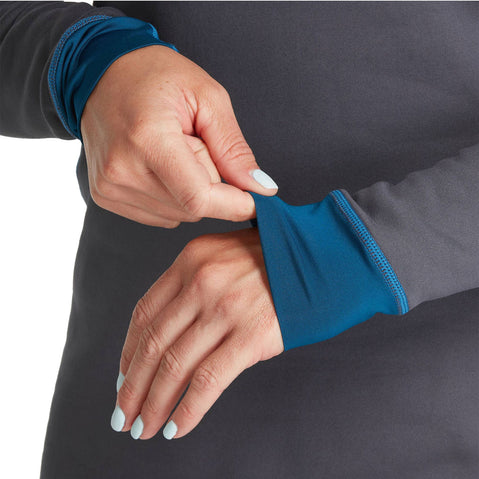 NRS Women's Expedition Weight Shirt in Dark Shadow model detail