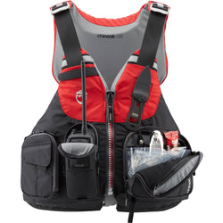NRS Chinook OS Fishing Lifejacket (PFD) in Red worn by a model facing aways