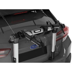 Thule OutWay Hanging 2 Bike Trunk Rack in Silver/Black installed on a car back