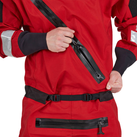NRS Ascent SAR Dry Suit in Red model entry zipper