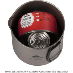 MSR Titan Kettle in 900 ml packed annotated