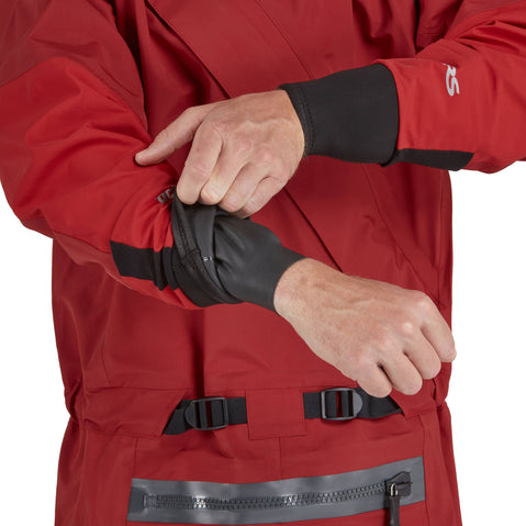 NRS Men's Explorer Semi-Dry Suit in Red model wrist gasket