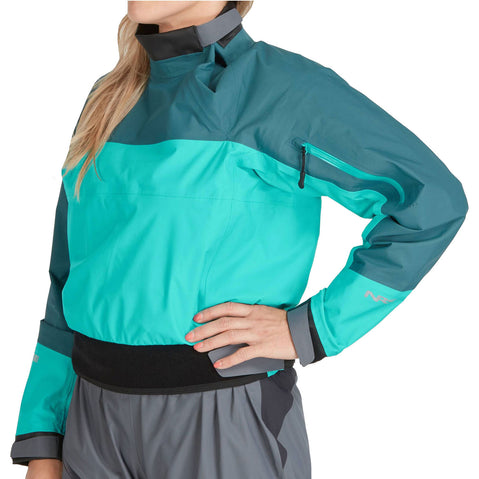 NRS Women's Helium Paddling Jacket in Mediterranea/Aqua model frontcrop