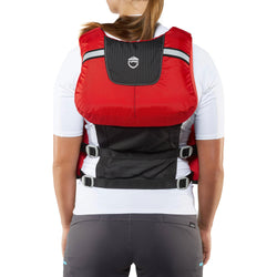 NRS Chinook OS Fishing Lifejacket (PFD) in Red worn by a model facing sideways