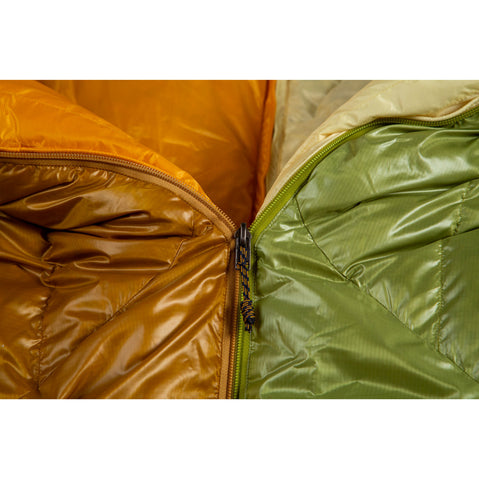 Nemo Equipment Women's Disco 15-Degree Endless Promise Down Sleeping Bag in Birch Bud zipped together