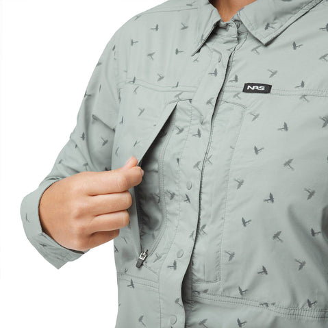NRS Women's Drifter Long Sleeve Shirt in Pebble model detail