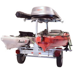Malone MicroSport LowBed 2-Boat Saddle Up Pro Kayak Trailer Package w/ 2nd Tier with kayak loaded back