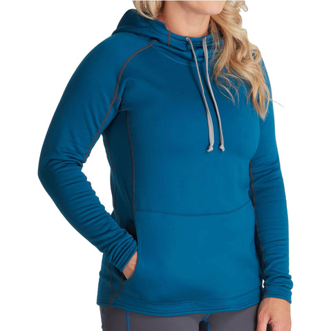 NRS Women's Expedition Weight Hoodie in Poseidon model frontcrop