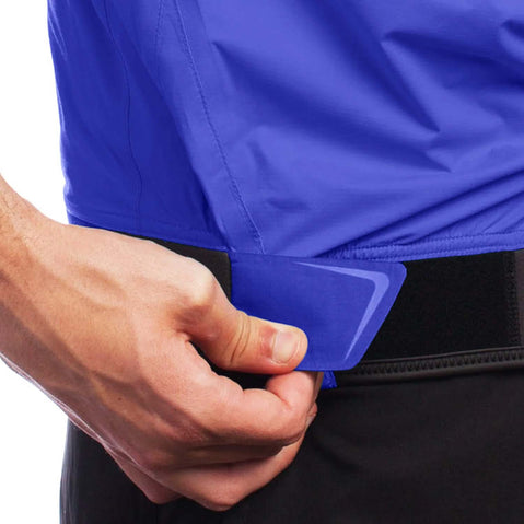 Level Six Huron Short Sleeve Paddling Jacket model in Ultraviolet waist adjustment