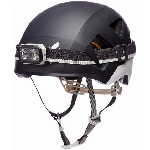 Black Diamond Capitan MIPS Rock Climbing Helmet with headlight attached front