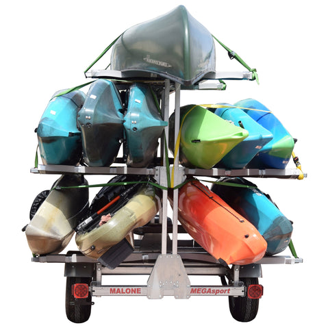 Malone MegaSport Outfitter 3 Tier Kayak Trailer with kayak loaded back view