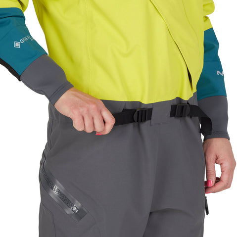 NRS Women's Nomad GORE-TEX Pro Semi-Dry Suit in Chartreuse model waistbelt