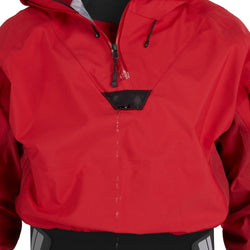 NRS Men's Orion Paddling Jacket in Red model neck drain