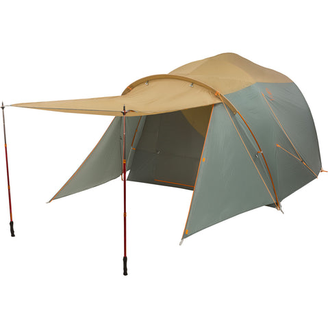 Big Agnes Bunk House 4 Person Camping Tent in Prairie Sand/Chinois Green vestibule with trekking poles