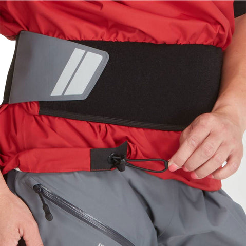 NRS Women's Stratos Shorty Semi-Dry Paddling Jacket in Poppy/Vino model drawstring