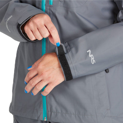 NRS Women's Teeko Paddling Jacket in Gray model wrist closure
