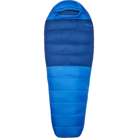 Marmot Lost Cost 15 Degree Down Sleeping Bag in Trail Blue/Twilight closed