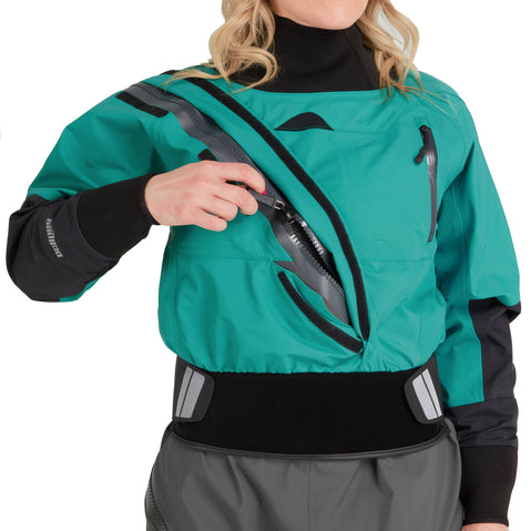 NRS Women's Crux Dry Suit in Jade model entry zipper
