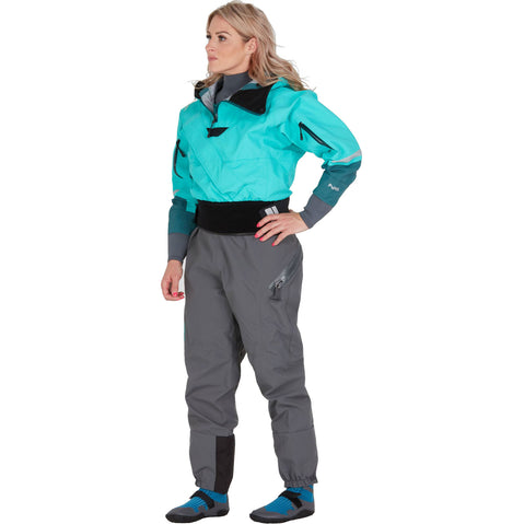 NRS Women's Navigator GORE-TEX Pro Semi-Dry Suit in Aqua model front