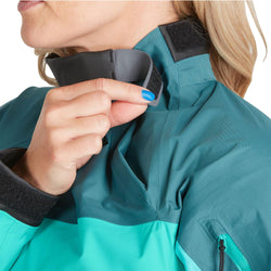NRS Women's Helium Paddling Jacket in Mediterranea/Aqua model neck closure