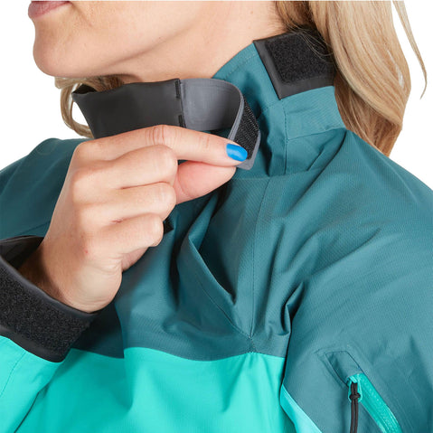 NRS Women's Helium Paddling Jacket in Mediterranea/Aqua model neck closure