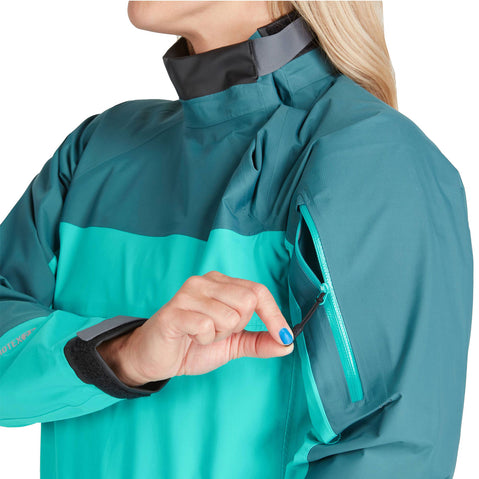 NRS Women's Helium Paddling Jacket in Mediterranea/Aqua model zipper