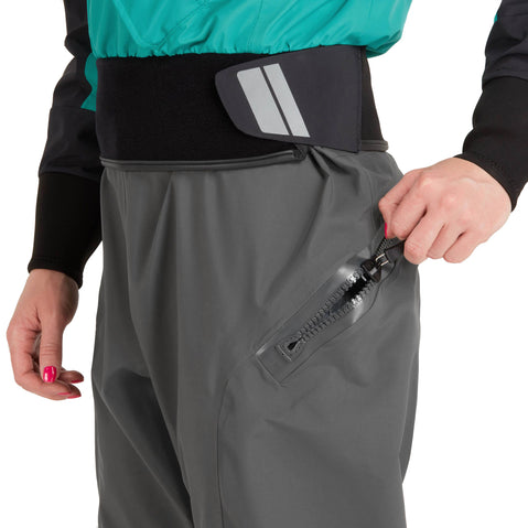 NRS Women's Crux Dry Suit in Jade model relief zipper