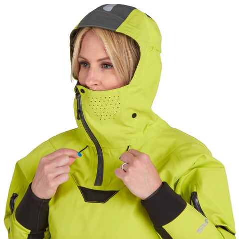 NRS Women's Orion Paddling Jacket in Lime model hood up