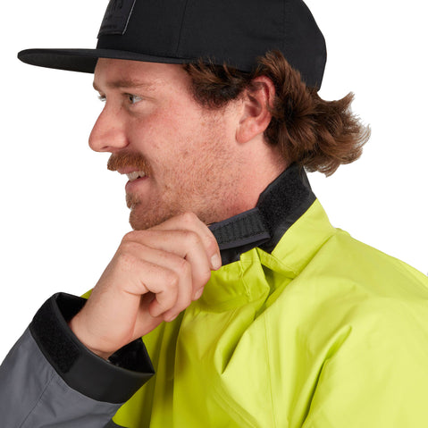 NRS Men's Endurance Paddling Jacket in Chartreuse/Gray model neck closure