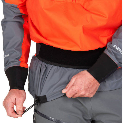 NRS Men's Riptide Paddling Jacket in Flare model drawstring