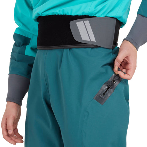 NRS Women's Phenom GORE-TEX Pro Dry Suit in Aqua model relief zipper