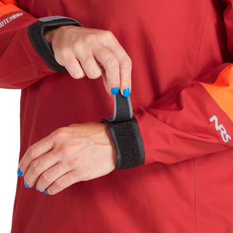 NRS Women's Endurance Paddling Jacket in Poppy/Vino model wrist