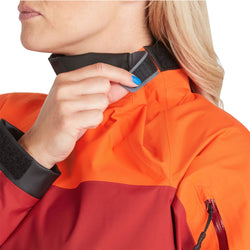 NRS Women's Endurance Paddling Jacket in Poppy/Vino model neck closure