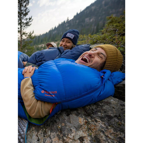 Marmot Sawtooth 15 Degree Down Sleeping Bag in Dark Azure/Foliage lifestyle
