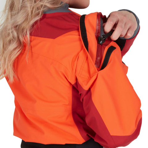 NRS Women's Axiom GORE-TEX Pro Dry Suit in Poppy/Vino model zipper entry
