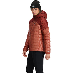 Outdoor Research Women's Helium Down Hoodie in Cinnamon/Brick model view side