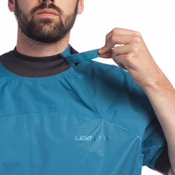 Level Six Huron Short Sleeve Paddling Jacket in Crater Blue neck closure