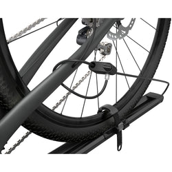 Thule FastRide Bike Roof Rack in Black close up of wheel in tray