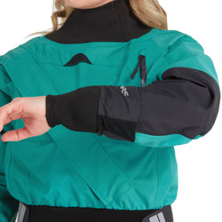 NRS Women's Crux Dry Suit in Jade model wrist drain