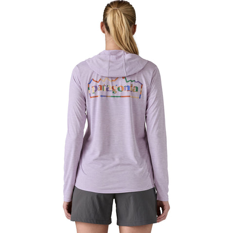 Patagonia Women's Cap Cool Daily Graphic Hoody in Unity Fitz: Foxglove Purple model back