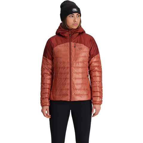 Outdoor Research Women's Helium Down Hoodie in Cinnamon/Brick model view front