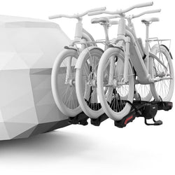 Thule Epos 3-Bike HItch Rack in Black attached with bikes