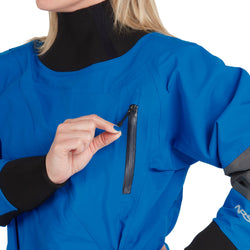 NRS Women's Explorer Semi-Dry Suit in Blue model chest pocket