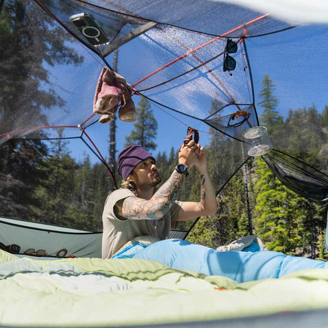 MSR Hubba Hubba LT 3 Person Backpacking Tent view of inside from inside looking up through micromesh ceiling