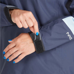 NRS Women's Endurance Paddling Jacket in Cloud/Navy model wrist closure
