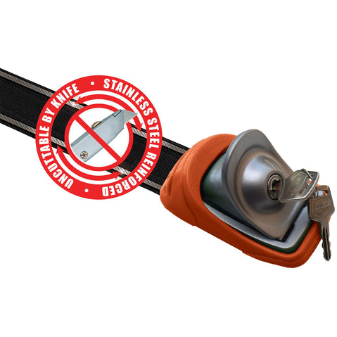 KanuLock Lockable Tiedown Straps in orange with key inserted