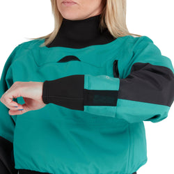 NRS Women's Flux Dry Top in Jade model wrist drain