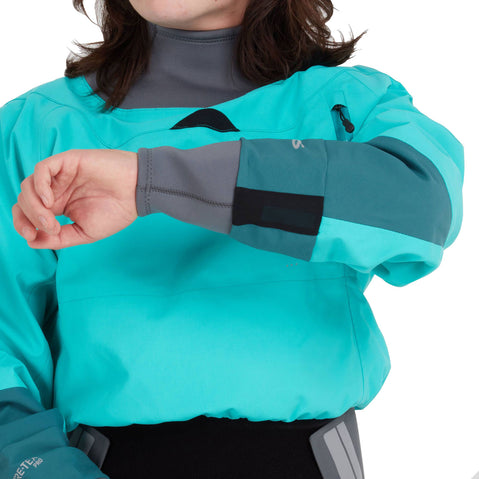 NRS Women's Phenom GORE-TEX Pro Dry Suit in Aqua model wrist gasket