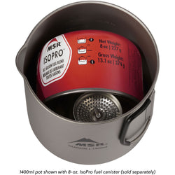 MSR Titan Kettle in 1.4L packed annotated